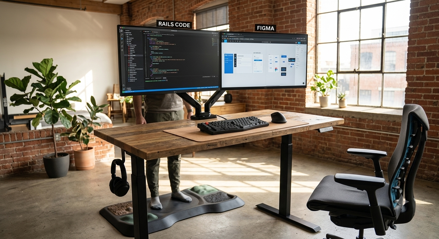 Remote workspace showing code and product design